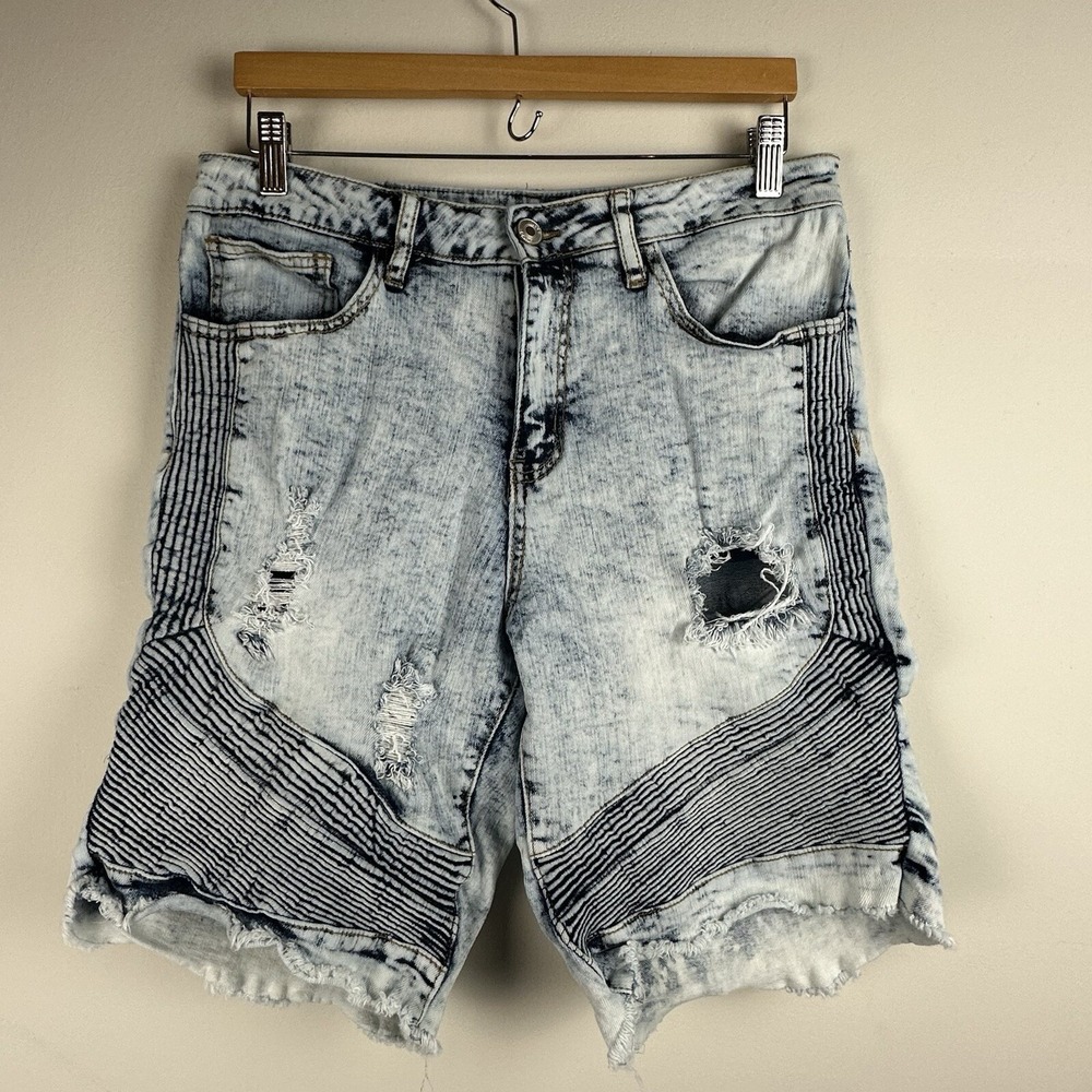 Acid Wash Distressed Denim Shorts Men's Size 32 Rue 21 Premium Stretch Whiskers